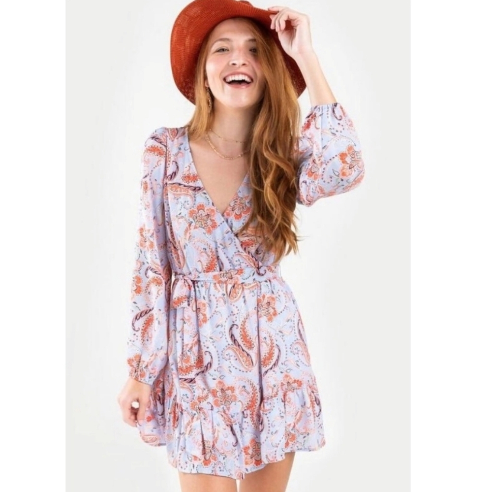 Paisley Ruffle Long Sleeve Boho Mini Dress Size XS Jun & Ivy Cowgirl Festival